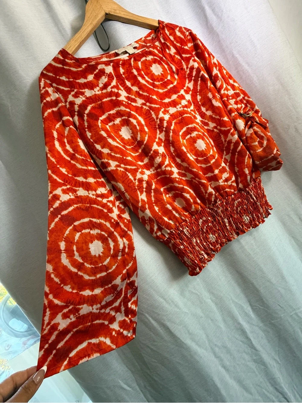 Michael Kors Orange Tie-Dye Circle Print Smocked Hem Blouse